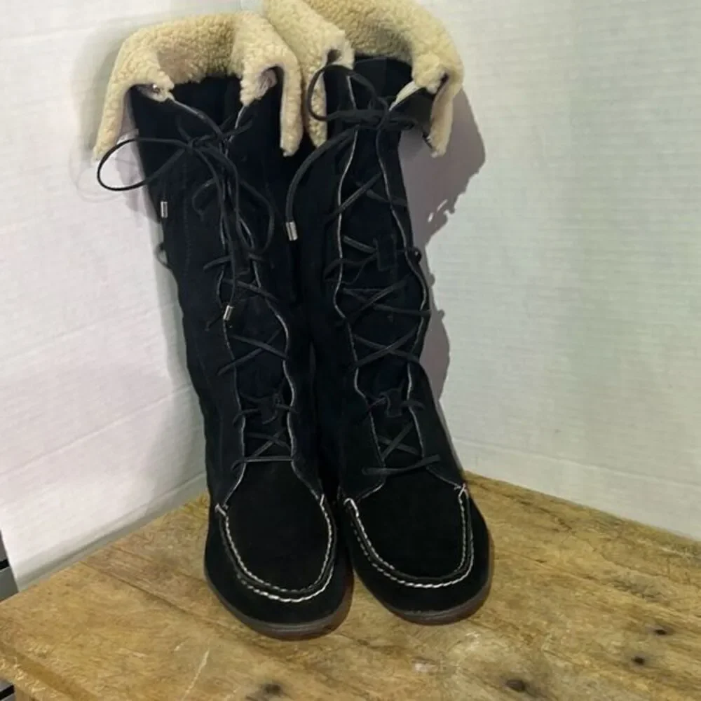 Sperry‎ topsider tall black moccasin boots Sherpa lace up booties
